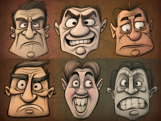 9 cartoon character faces in hand-drawn style
