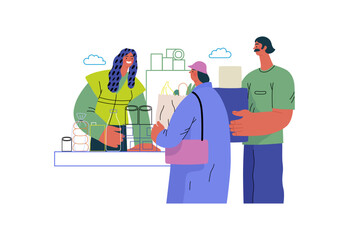 Mutual Support: Bringing groceries to food bank -modern flat vector concept illustration of people donating food to food pantry A metaphor of voluntary, collaborative exchanges of resource, services