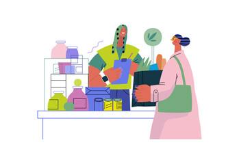 Mutual Support: Bringing groceries to food bank -modern flat vector concept illustration of people donating food to food pantry A metaphor of voluntary, collaborative exchanges of resource, services