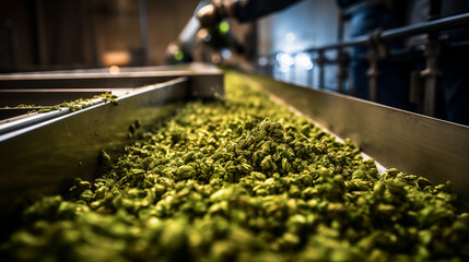 The conveyor belt in action, up close, with aromatic hops and roasted malt being transported, highlighting the rich flavors and aromas that these ingredients contribute to brewing 