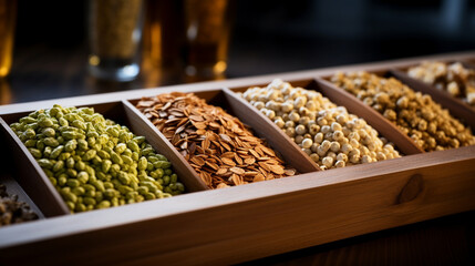 A detailed view of hops and malt grains in various stages of processing, moving along a conveyor, showcasing the precision and care involved in the brewing process and the diversit 