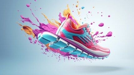 A dynamic image of a stylish, flying women's sneaker, its design and colors popping against a pristine white backdrop. This sports shoe embodies both fashion and athleticism.