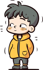 Obraz premium Vector illustration of a boy in a yellow jacket with a mustache.