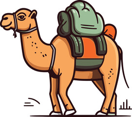 Camel with backpack. Vector illustration in doodle style.
