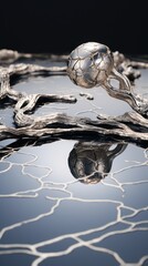 A silver sculpture is sitting a small pool of water.UHD wallpaper