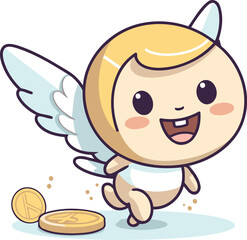 Cute cartoon cupid with coin and coin. Vector illustration.