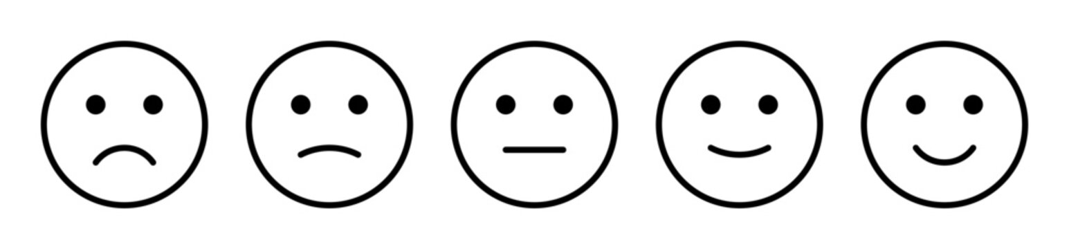 Naklejki Feedback emoticons emojis. Smiley icon set , happy, neutral, sad, emoji, icon - Customer satisfaction rating scale with good and bad emotions. Vector illustration