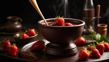 Chocolate fondue, fresh strawberries