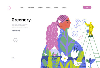 Greenery, ecology -modern flat vector concept illustration of a man painting a mural of a woman, composed with landscape. Metaphor of environmental sustainability and protection, closeness to nature © grivina