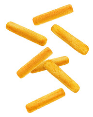 Falling Fish or Cheese stick, isolated on white background, full depth of field