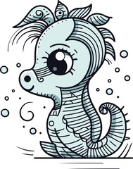 Cute cartoon sea horse. Hand drawn vector illustration in doodle style.