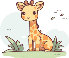 Cute cartoon giraffe sitting on the grass. Vector illustration.