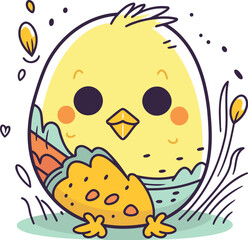 Cute little chick with a chicken on a white background. Vector illustration.