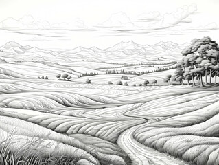 Contour drawing luxury scenic landscape in hand-drawn style