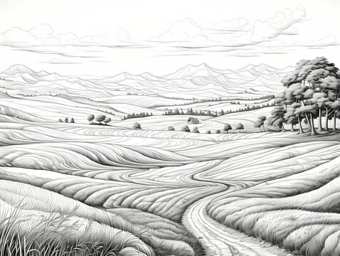 Contour drawing luxury scenic landscape in hand-drawn style