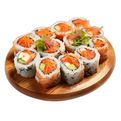 Sushi rolls on a platter isolated on transparent or white background, png