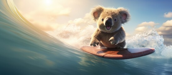  Koala surfing on the board in the ocean. Visual concept for Australia day