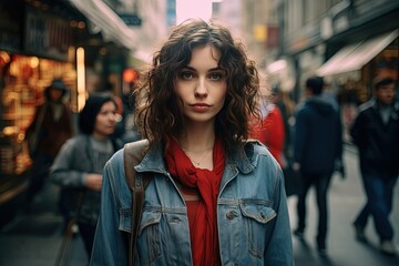 a woman wearing casual jean jacket walking in urban city street, Generative Ai