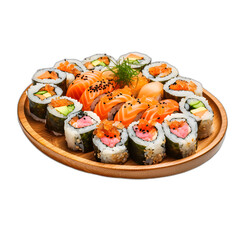 Sushi rolls on a platter isolated on transparent or white background, png