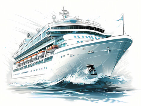 generic cruise ship traveling with speed in hand-drawn style