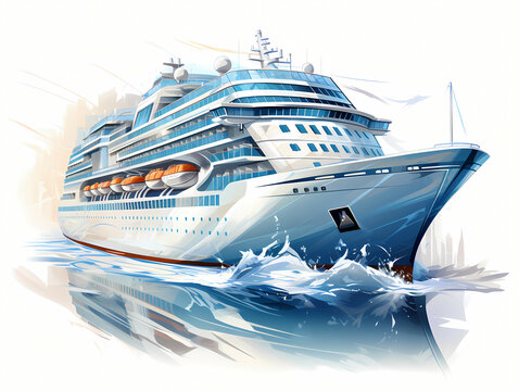 generic cruise ship traveling with speed in hand-drawn style