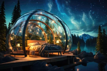 Fototapeten Winter holiday in a luxury modern glass igloo hotel with beautiful view on mountains, forest and night sky © Svetlana Kolpakova