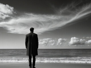 man standing on a beach hands in pockets of long coat looking at moody sky and sea horizon black and white - obrazy, fototapety, plakaty
