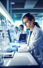 Young woman scientist working in laboratory, strong woman concept - obrazy, fototapety, plakaty