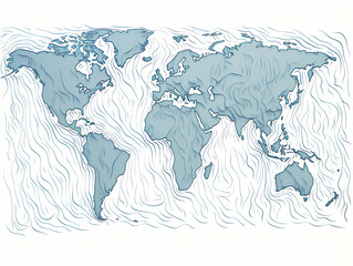 Map of the world with oceans and seas in hand-drawn style