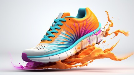 A vibrant, flying women's sneaker in a burst of colors, elegantly captured against a clean, white...