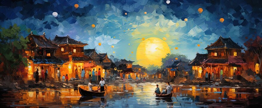 painting style illustration of Vietnam old town, beautiful full moon night shine over riverside town, Generative Ai