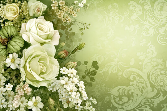 Flower arrangement with copy space. Vintage template greeting card base design. Floral banner, poster, blurred green background.