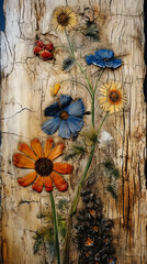 Naklejka premium Flower arrangement on an old wooden background with shabby and cracked paint close-up with copy space. Greeting card base design. Floral banner, poster, background.