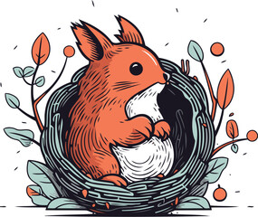 Fototapeta premium Cute squirrel sitting in the nest. Hand drawn vector illustration.