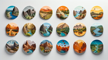 set of round icons with various landscapes - obrazy, fototapety, plakaty