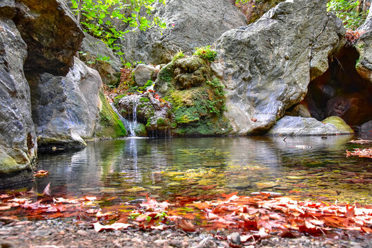 Waterfall in the gorge of Richtis at autumn, Crete, Greece.