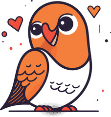 Cute cartoon bird with hearts. Vector illustration. Isolated on white background.