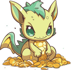 Cute cartoon dragon sitting on a pile of coins. Vector illustration.