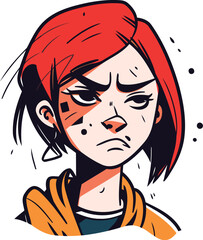 Vector illustration of a sad girl with red hair in a yellow raincoat.