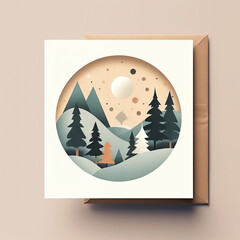 Paper greeting card with forest, trees, hills and moon. Creative Christmas, New year eve card concept with landscape