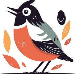 Vector illustration of a bullfinch on a background of autumn leaves.