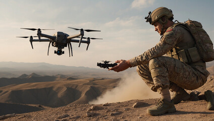 A reconnaissance soldier deploys an unmanned drone to obtain information about the enemy. Transforming the art of war: Quadcopters and modern conflicts - obrazy, fototapety, plakaty