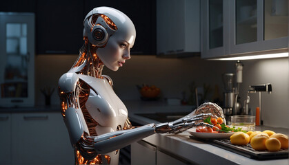 A robot chef is working hard in kitchen. This is prime example of futuristic technologies that are already being introduced into everyday life. Perhaps robots will soon replace people in many areas