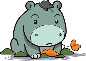 Hippo sitting on the ground and eating carrot vector illustration.
