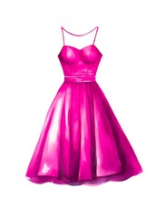 Pink cocktail female dress isolated on white background in watercolor style.
