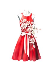 Red dress decorated with white flowers isolated on white background in watercolor style.