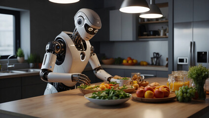 With the help of advanced technologies, robots are created that are similar to humans. They are becoming an integral part of our daily lives, helping us prepare food in a modern home kitchen - obrazy, fototapety, plakaty