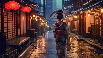 Naklejka premium Maiko geisha woman on night street