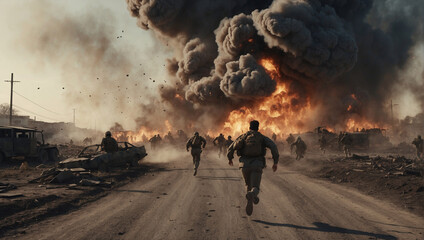 Fototapeta premium In a situation of an apocalypse, people are saved by running from the epicenter of explosions and destruction caused by the outbreak of hostilities. They also strive to save their loved ones