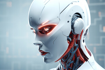 Beautiful woman Robot in white red colors, glass eyes, futuristic, looking to camera